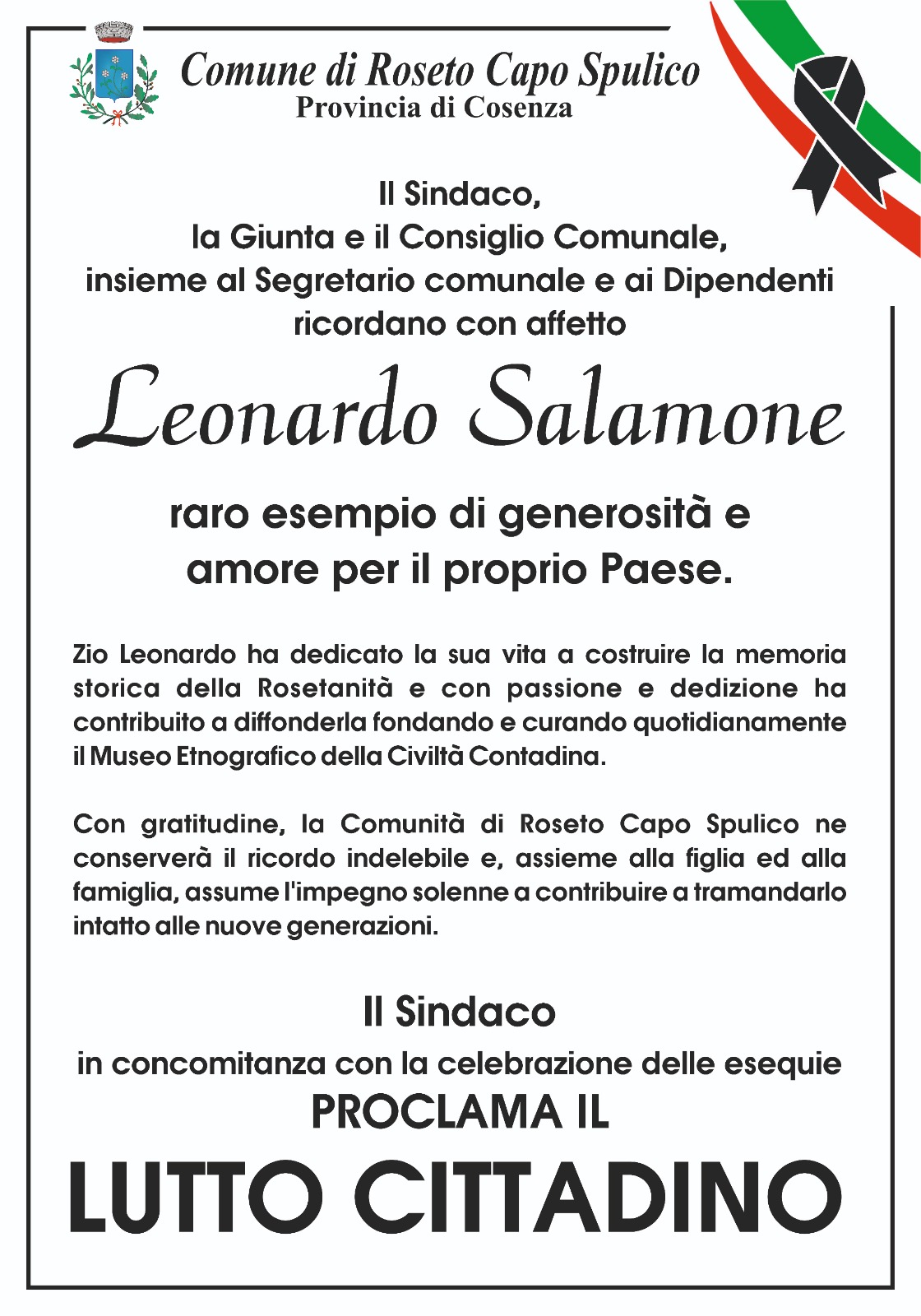 Lutto Cittadino per la scomparsa di Leonardo Salamone