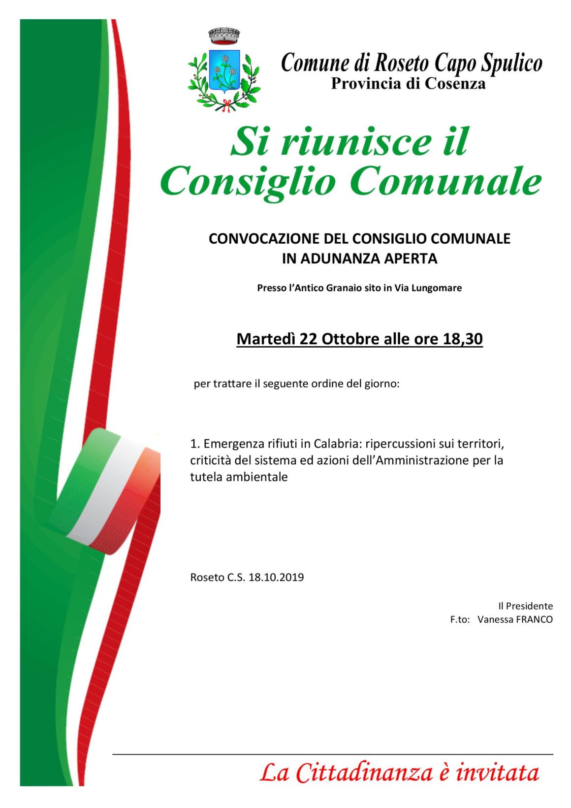 CONVOCAZIONE DEL CONSIGLIO COMUNALE IN ADUNANZA APERTA – 22.10.2019