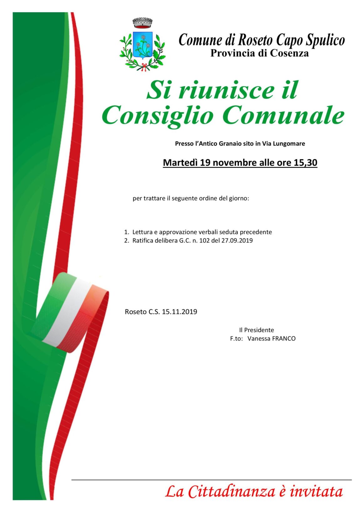 Convocazione Consiglio Comunale – 19.11.2019