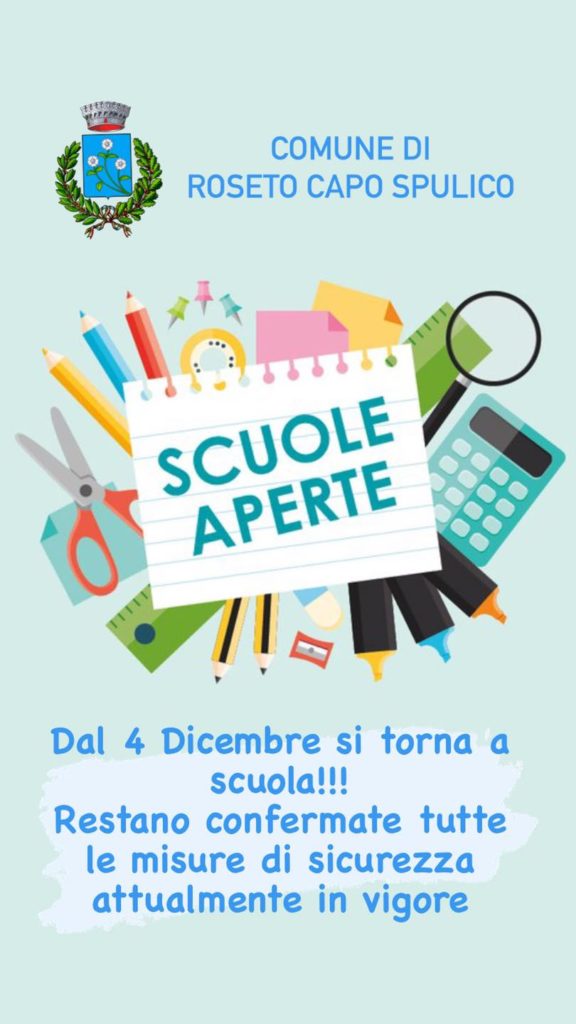 RIAPERTURA DELLE SCUOLE DI OGNI ORDINE E GRADO 4 DICEMBRE 2020