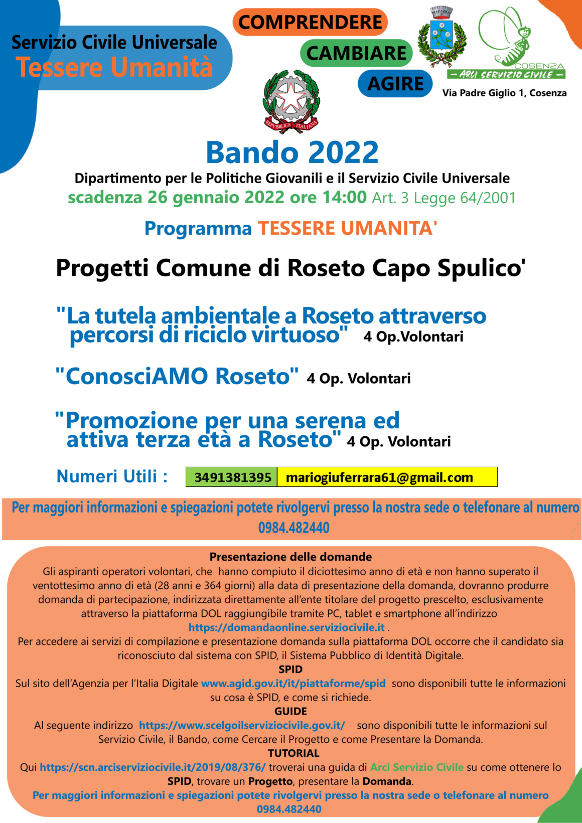 Progetti Servizio Civile 2022 – Comune di Roseto Capo Spulico
